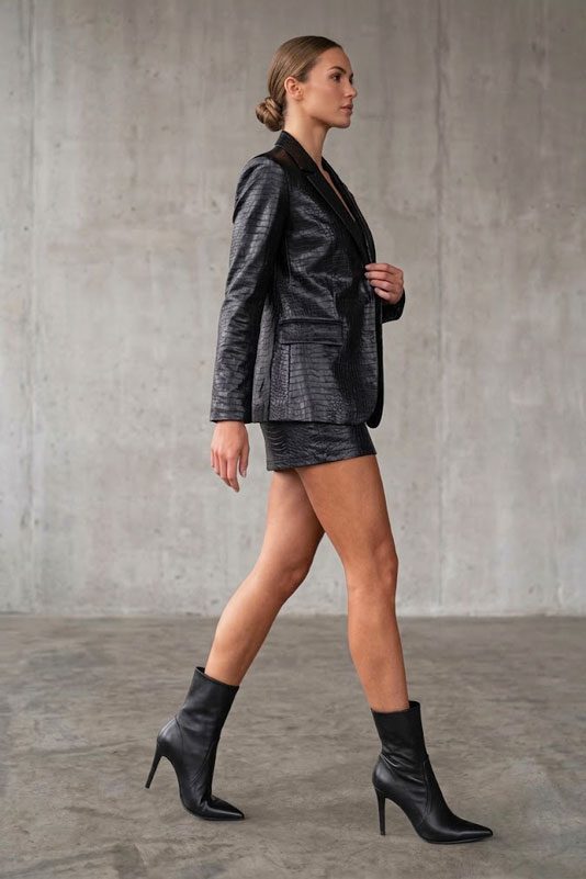 Dress ankle boots inside zip in satin black leather with high slim heels and tapered toe - Worn view